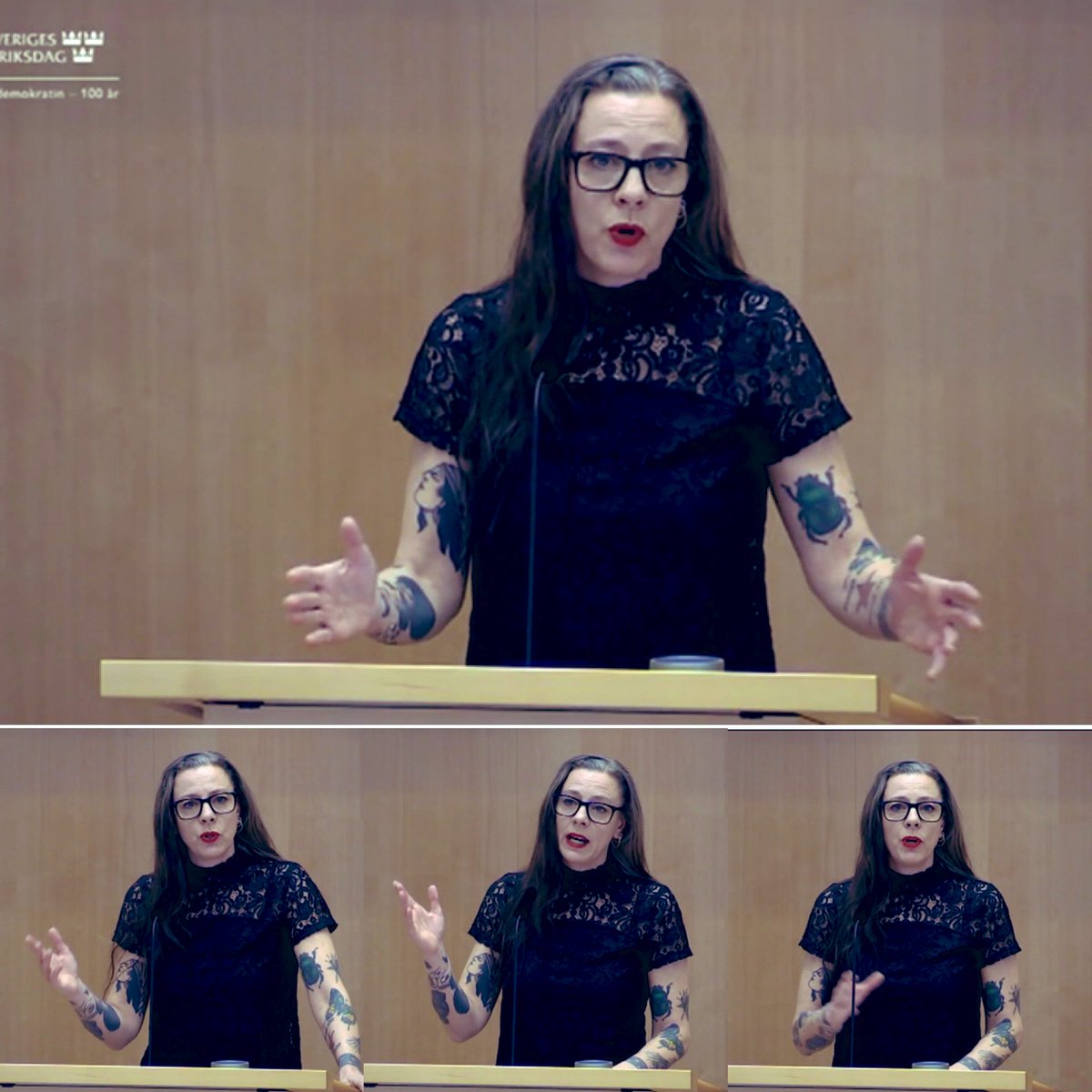 Fyra bilder på mig från samma debatt med gestikulerande armar.